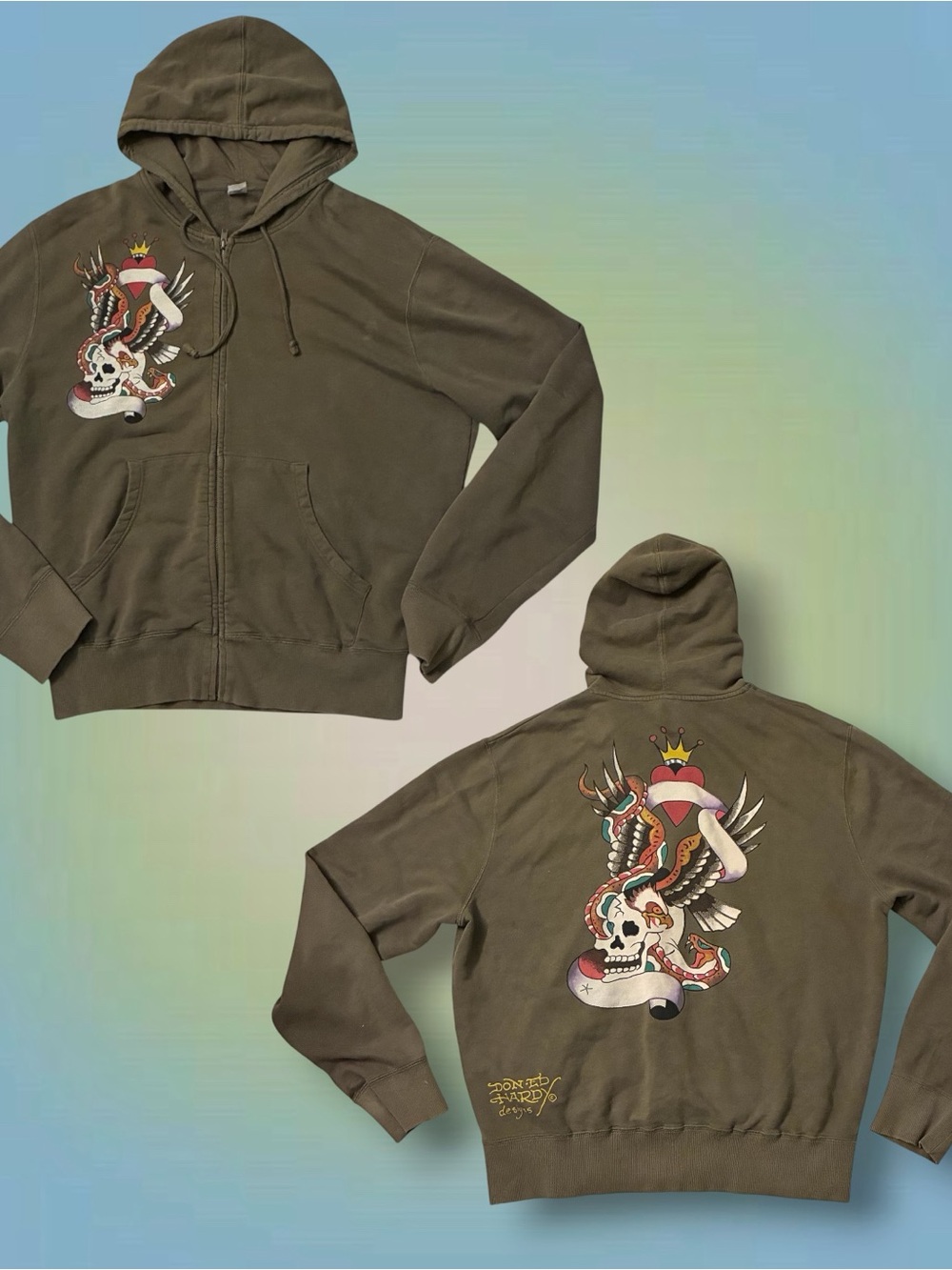 Ed Hardy Olive Green Zip-Up Hoodie with Skull & Snake Graphic